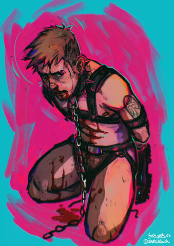 Garth, a trans man with pale skin and hair styled into a scruffy quiff is on his knees with his arms strapped behind him. He's naked except for leather straps (collar, chest, arm and garters), and of course his combat boots. He looks at the viewer with a s